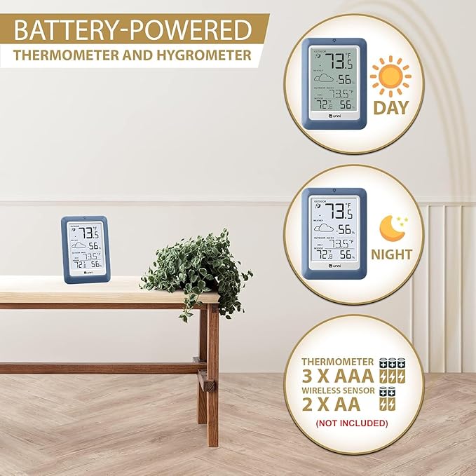 Indoor Outdoor Thermometer Hygrometer Wireless Weather Station, Temperature Humidity Monitor Battery Powered Inside Outside Thermometers with 330ft Range Remote Sensor(Blue)