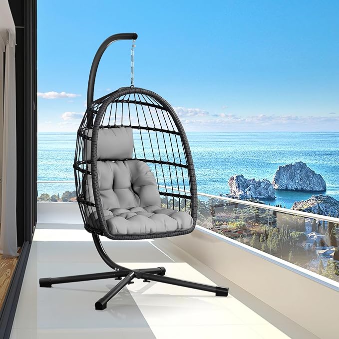 Egg Chair with Stand,Patio Rattan Wicker Hanging Swing Egg Chair Hammock Chair for Bedroom Porch Garden,Thickened Aluminum Alloy Steel Frame and UV Resistant Cushion,350LBS Capacity