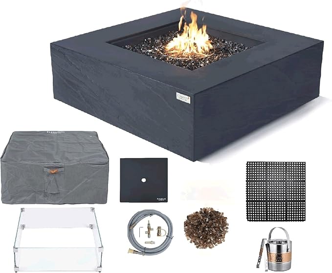 Elementi+ | Bundle Roraima Gas Fire Pit Cast Concrete 40" Square Fire Table, Outdoor Fire Pit Electronic Ignition | Canvas Cover, Fire Glass and Burner Lid Included | Dark Gray | Natural Gas