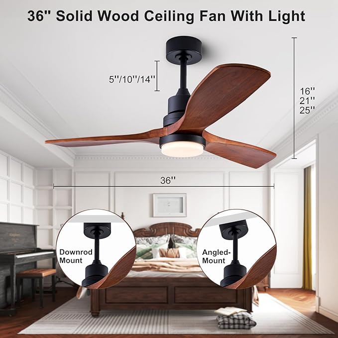 36" Ceiling Fans [with Lighting Remote Control], Indoor Outdoor Modern Wooden Ceiling Fan [with 3 Solid Wood Blades] for Kids' Rooms, bedrooms, Offices and More.…