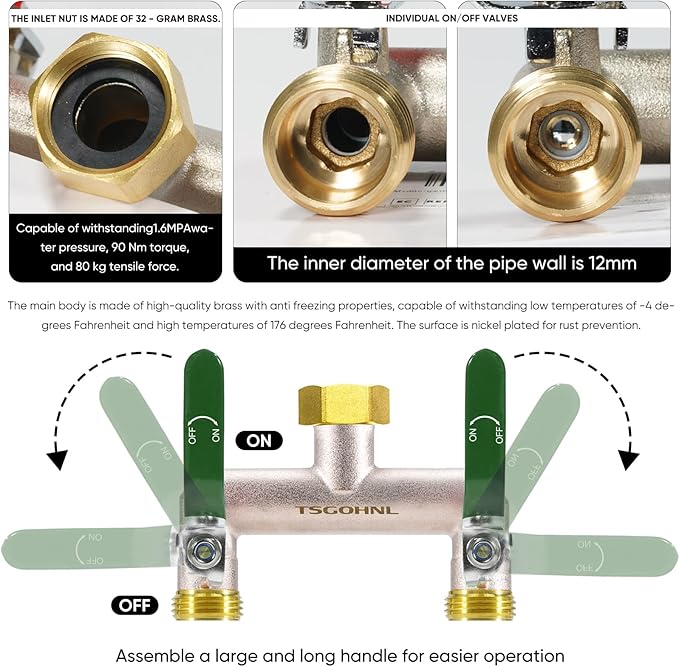 Garden Hose Splitter, 3/4” Rust and Freeze Resistant Outdoor Hose Manifold with 2 green Extra Long Handles Faucet Adapter-Heavy Duty Brass Nickel Plated 2-Way Valve