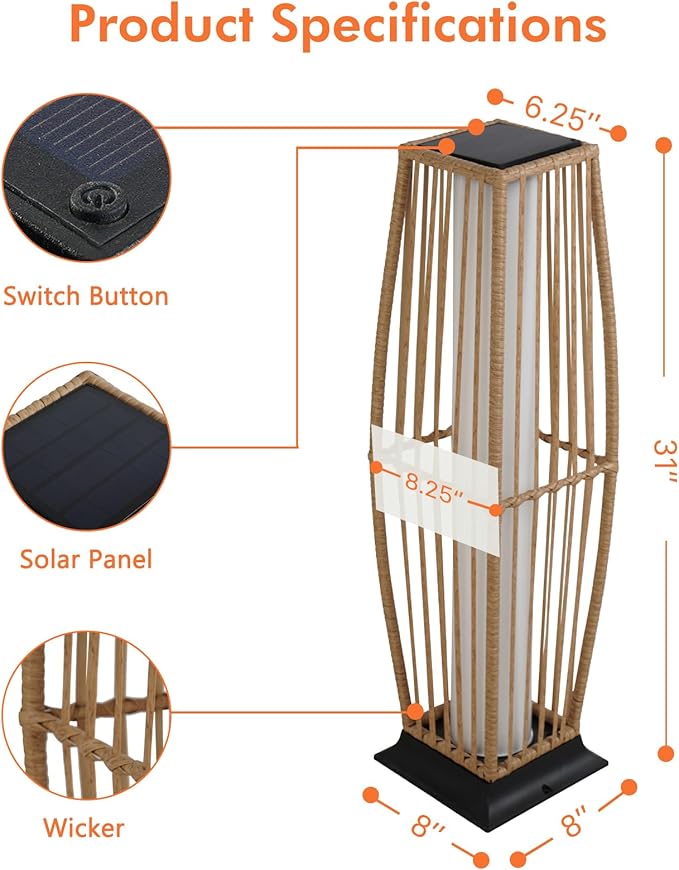 Grand patio Outdoor Floor Lamp Solar Powered Lantern Waterproof Wicker Boho Deck Lights for Garden Porch Decor, Large Taurus