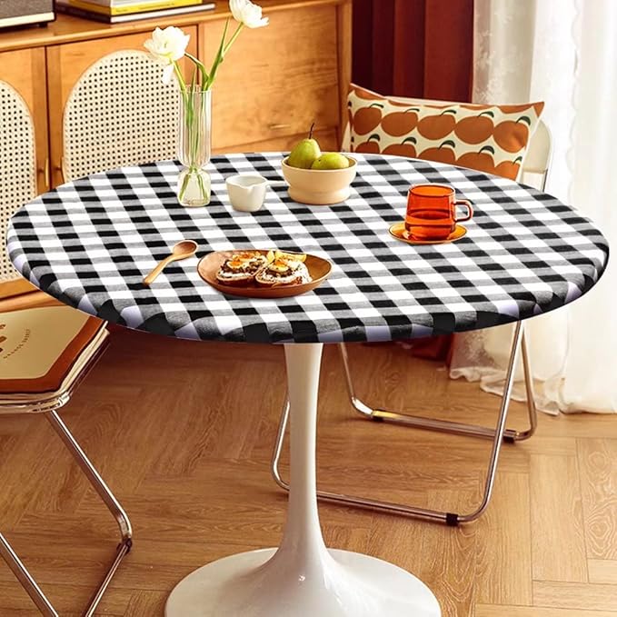Fitable Vinyl Fitted Tablecloth Round, Black and White - Waterproof Checkered Elastic Tablecloth Flannel Backed Gingham Table Cover for Outdoor Picnic Dining (Fit for 36"-44" Round Tables)