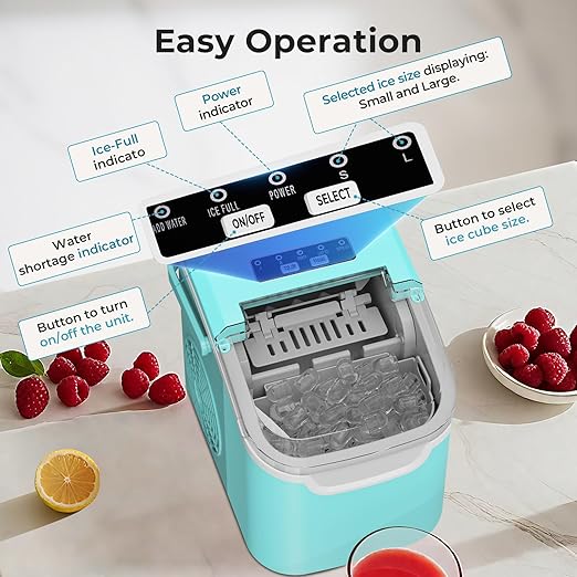 Countertop Ice Maker – 8 Bullet Ice (6 Mins), 26.5lbs/24Hrs – Self-Cleaning, Portable & Adjustable Size with Touch Display
