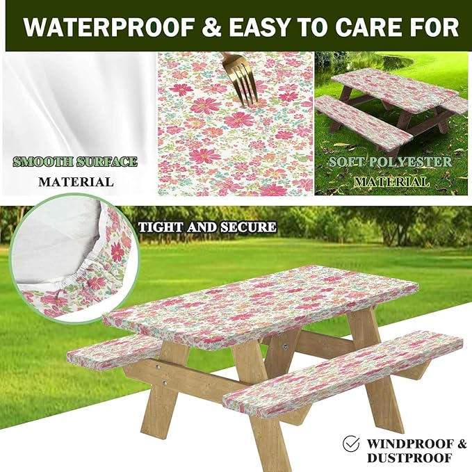 CAPSCEOLL Elastic Picnic Table Cover with Bench Covers 5Ft Waterproof Fitted Picnic Table Cover Cloths for Outdoors Camping Tablecloth with Drawstring Bag, 60X30in, Pink Flowers