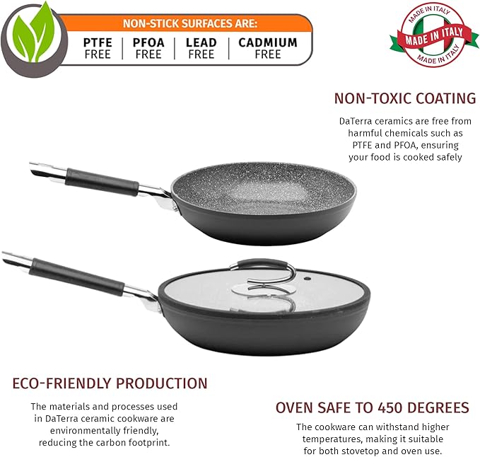 DaTerra Cucina Nonstick Pan Bundle – 9.5" & 11" Ceramic Cooking Pans Nonstick w/Lid - Oven Proof Frying Pan - Induction, Gas, & Electric Cooktops Friendly – Volcanic Black Speckled – Made in Italy