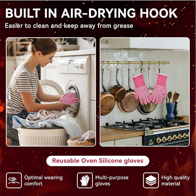 HandLove BBQ Gloves, Oven Gloves with Fingers – Heat Resistant Gloves for Grilling | Silicone Grip, Long Cuff Mitts - Kitchen & Outdoor Barbecue, Cooking, Baking, Pink S