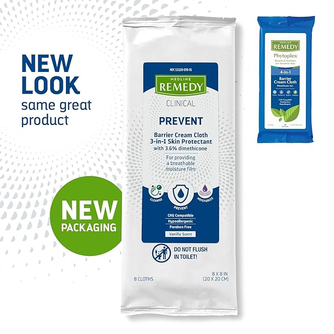 Medline Remedy Clinical 3-in-1 Barrier Cream Cloth, 8 count (1 Pack), 8 x 8 in Adult Wet Wipes, Vanilla Scent, Incontinent Care, Dimethicone, Irritated Skin, Soothing, Nourishing, Gentle
