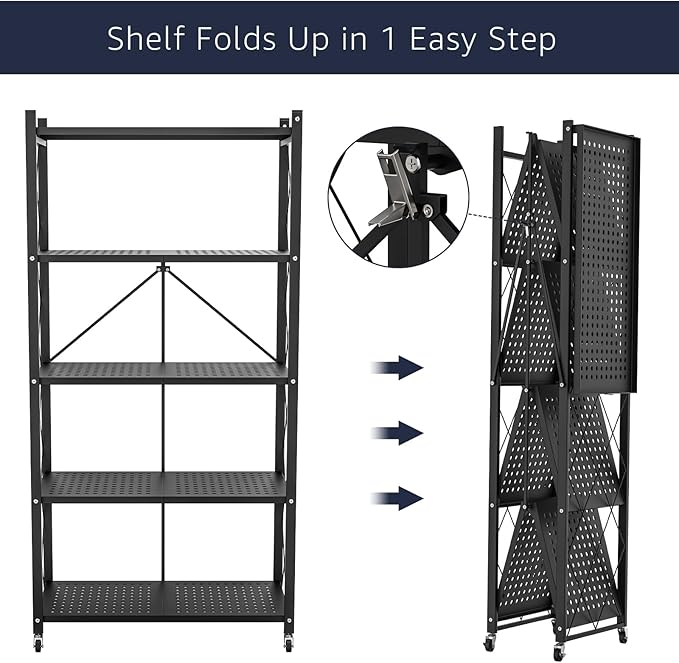 5-Tier Foldable Storage Shelf with Wheels - Metal Collapsible Shelving Unit Display, Rolling Cart for Books Kitchen Storage Shelves, Pantry & Closet Organizer, Office Room Decor - Black