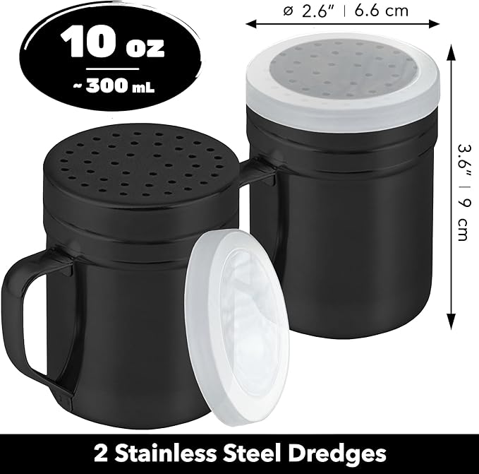 CUSINIUM 10oz Black Stainless Steel Salt Pepper Dredge Shakers - With Plastic Cap - With Handle - Pack of 2
