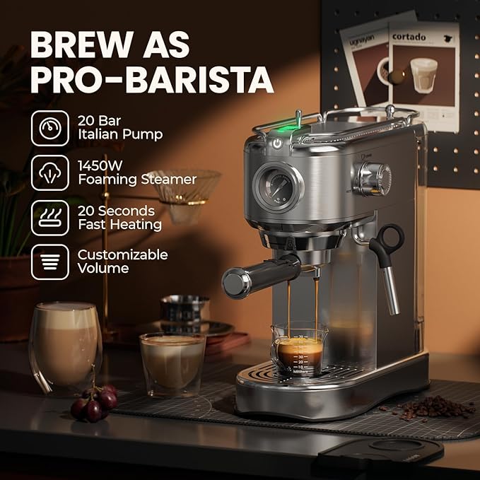 Espresso Machine - 20 Bar Espresso Maker with Milk Frother Steam Wand, Coffee Maker for Latte & Cappuccino, 1450W Semi-Automatic Coffee Machine with 34oz Removable Water Tank, Compact Kitchen