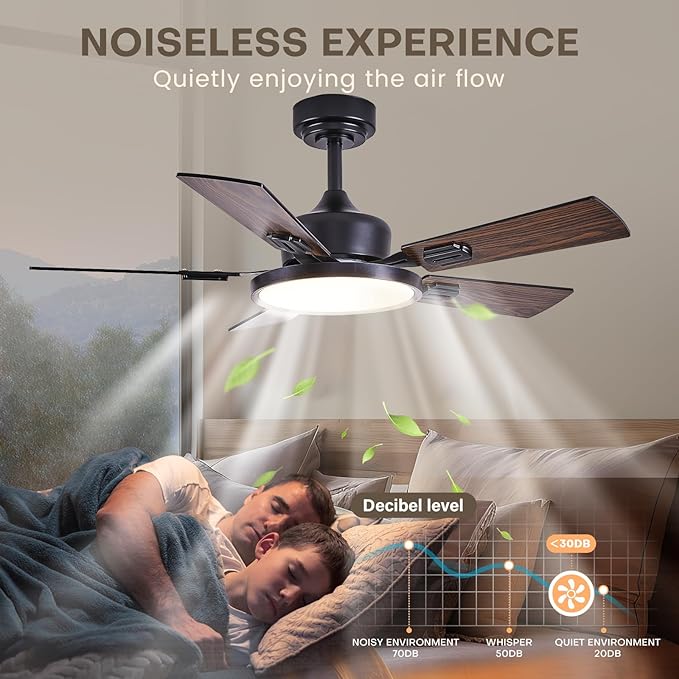 42" Ceiling Fans with Lights Remote Control, Black Ceiling Fan with Dimmable 3CCT LED Light, 6 Speeds Quiet Reversible Wood Ceiling Fan Light for Bedroom, Farmhouse, Garage, Office, Indoor Use