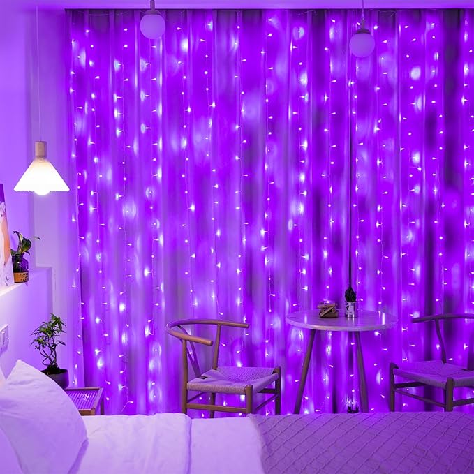 JMEXSUSS 300LED Purple Halloween Lights with Remote, Curtain Hanging Light Plug in, 8 Modes Purple String Lights for Bedroom Window Wall Party Backdrop Christmas Halloween Decorations