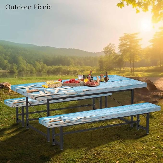 CAPSCEOLL Picnic Table Cover with Bench Covers Waterproof Camping Tablecloth Sea Shells Outdoor Table Protector with Drawstring Bag for Camping Essentials, 72X30in, Summer Blue Wood
