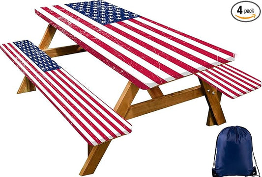 CAPSCEOLL Fitted Picnic Table Cover with Bench Covers 4Th of July Waterproof Camping Tablecloth All-Weather Outdoor Table Protector with Drawstring Bag for Camping Essentials, 72X30in, American Flag
