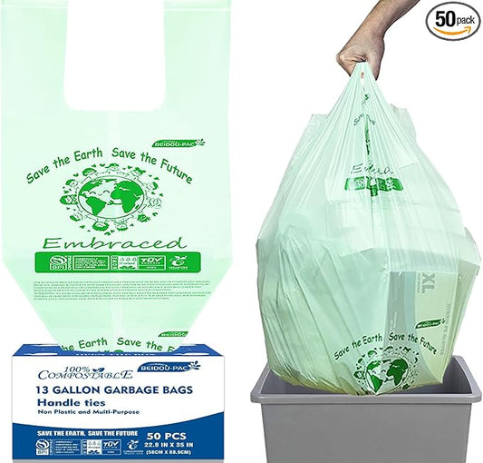 13 Gallon Compostable Tall Kitchen Trash Bags with Handle, 50 Count, Sturdy Biodegradable Garbage Bags for Food Scrap Waste, ASTM D6400, US BPI Certified