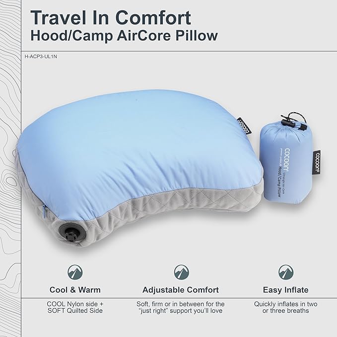 COCOON- Premium - Ultralight Inflatable AirCore Shaped Pillow - Washable Travel Air Pillows for Camping, Hiking, Backpacking (Regular 11" x 15")