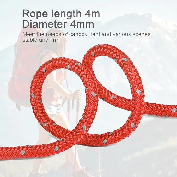 8 Pack High-Reflective Guy Lines 4mm Tent Cords High-Strength Lightweight Camp Ropes with Aluminum Adjuster Tensioner for Tent, Tying Down Tarps, Camping, Outdoor Packaging (Red, 13ft)