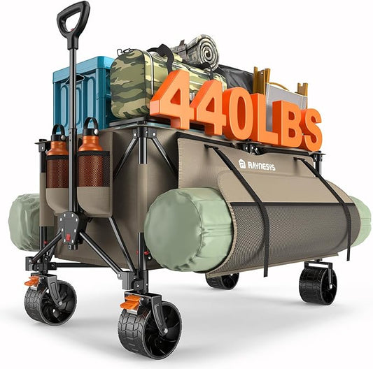 Collapsible Wagon Cart with Wheels, Foldable 440lbs 300L Heavy Duty Folding Wagon for Sports, Beach, Grocery, Camping, Coffee Brown - Upgraded Effortless Elegance