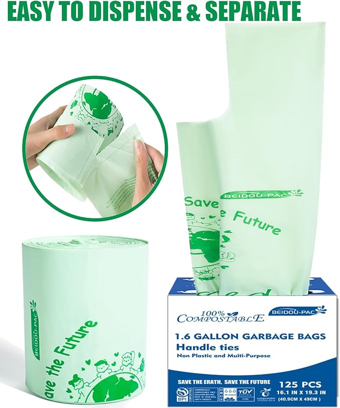 1.6 Gallon Compostable Trash Bags with Handle, 125 Count Small Compost Bags, Biodegradable Kitchen Garbage Bags, Food Scrap Waste Bags for Countertop Bin, ASTM D6400, US BPI Certified