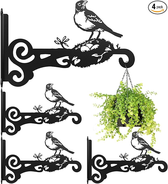 4-Pack Aesthetic Wall Plant Hanger Indoor and Outdoor ??10 Inch Metal Hanging Plant Bracket with Beautiful Bird Pattern ??Heavy Duty Plant Hooks for Hanging Plants, Bird Feeder, Wind Chime, Lantern
