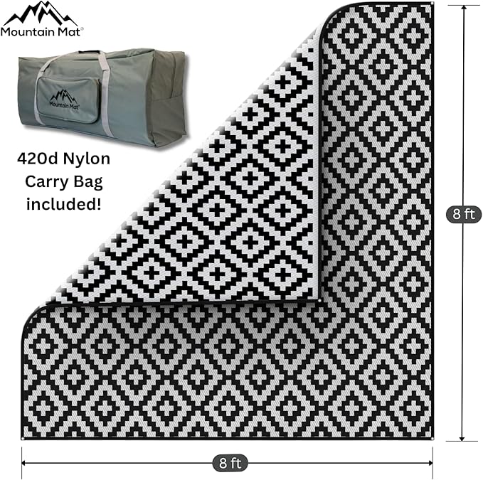 8x8 Black & Gray Outdoor RV Mat with Carry Bag – Extra Thick 5mm Recycled Poly Rug – Heavy-Duty, Waterproof, Reversible – Luxury Camping Mat for Patio, Beach (Black, 8' x 8')