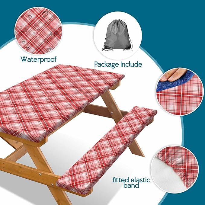 DYNH 3 Pcs Picnic Table Cover with Bench Covers, 8ft Waterproof Reusable Elastic Fitted Rectangle Picnic Table Cloths,30x96IN Red Plaid Picnic Tablecloth for Camping Patio Travel Outdoor