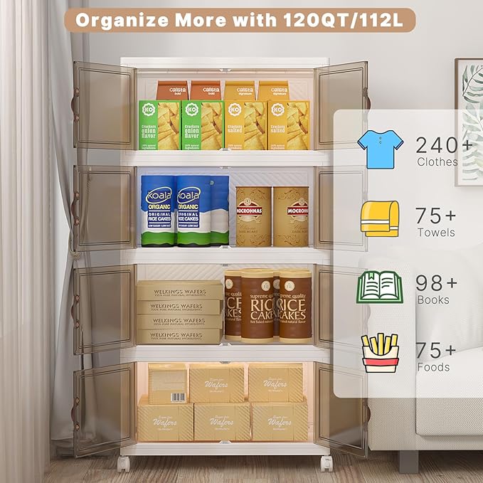 Extra Large Stackable Storage Binswith lids & Wheels, Foldable Collapsible Closet Organizers,960QT-120QT/30GAL*8Pack Plastic Containers with door & drawers for bedroom Dorm