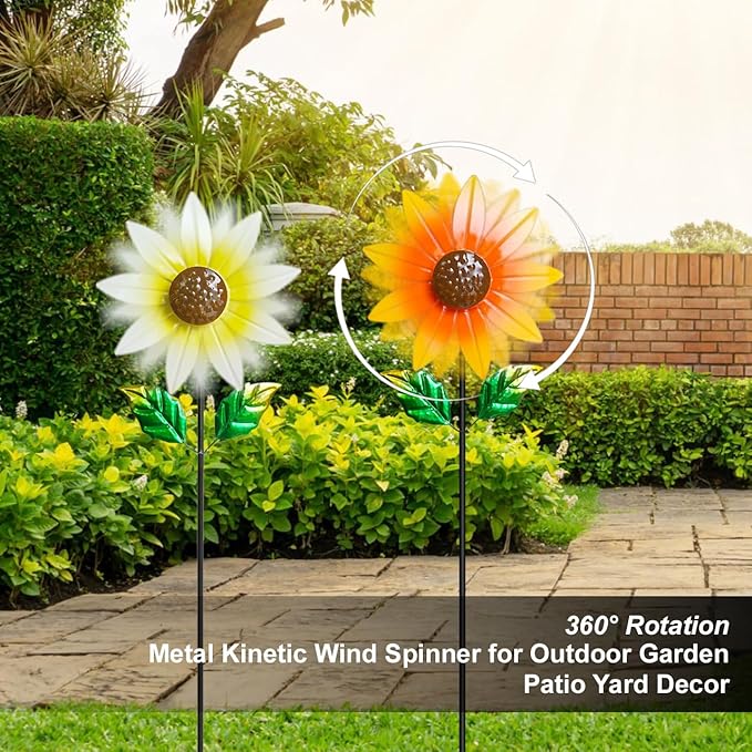 2 Pack Metal Wind Spinners for Outdoor Decor - Garden Windmill Sculptures, Yard Art for Patio Lawn - Vibrant White Daisies & Orange Sunflowers Metal Spinners for Garden Decorations