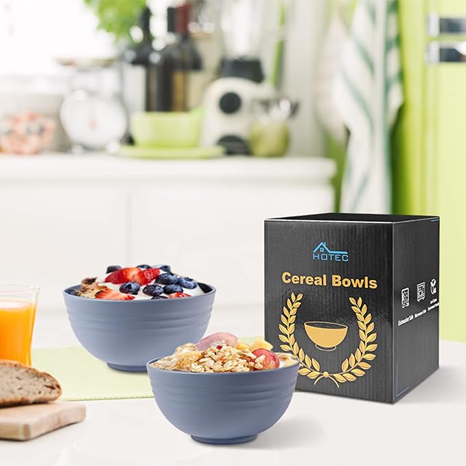 HOTEC BPA Free Unbreakable Wheat Straw Cereal Bowls - Microwave & Dishwasher Safe Soup and Salad Bowls, Set of 8, 26oz, Classic Blue