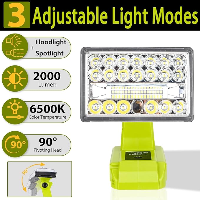 28W 2000LM Cordless LED Work Light for Ryobi One 18V Battery Portable Flood Lights for Outdoor Indoor Workshop Job Site, Floodlight & Spotlight Modes/Pivoting Head/USB Port(No Battery)