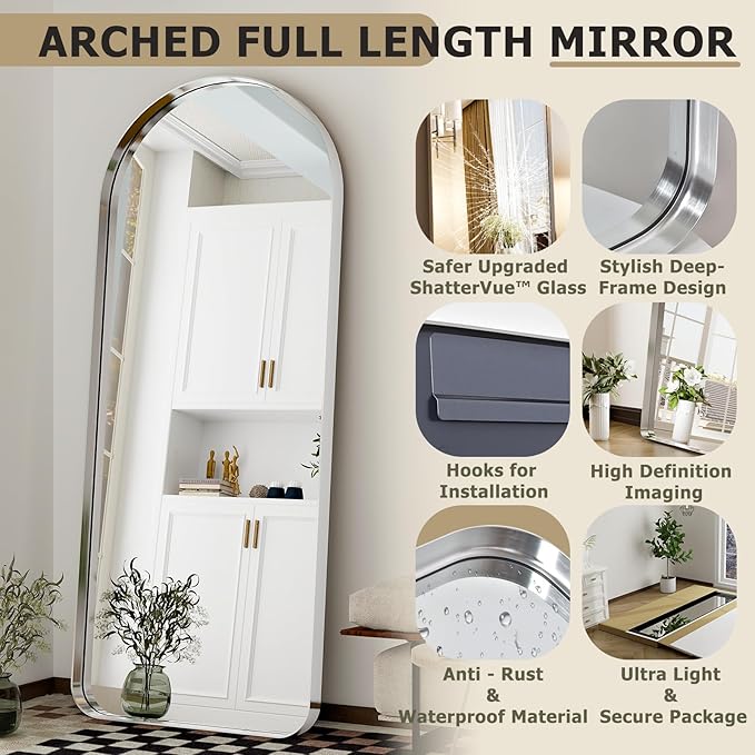 71"x30" Large Arched Full Length Floor Standing Mirror with Rounded Corners, Aluminum Alloy Frame for Wall Hanging or Home Decor, Silver