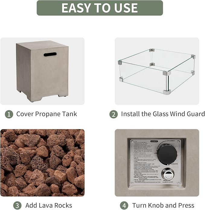 COSIEST 35-inch Square Outdoor Sandstone Propane Fire Pit w Wind Guard and Side Table, CSA Certified, 50,000 BTU Stainless Steel Burner, Free Lava Rocks and Rain Cover, Metal Lid(Gray)