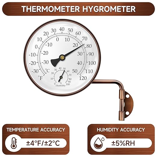 4" Brass Swivel Thermometer Indoor Outdoor Thermometer, Outside Decorative Weather Thermometer Hygrometer for Kitchen Window, Patio, Greenhouse