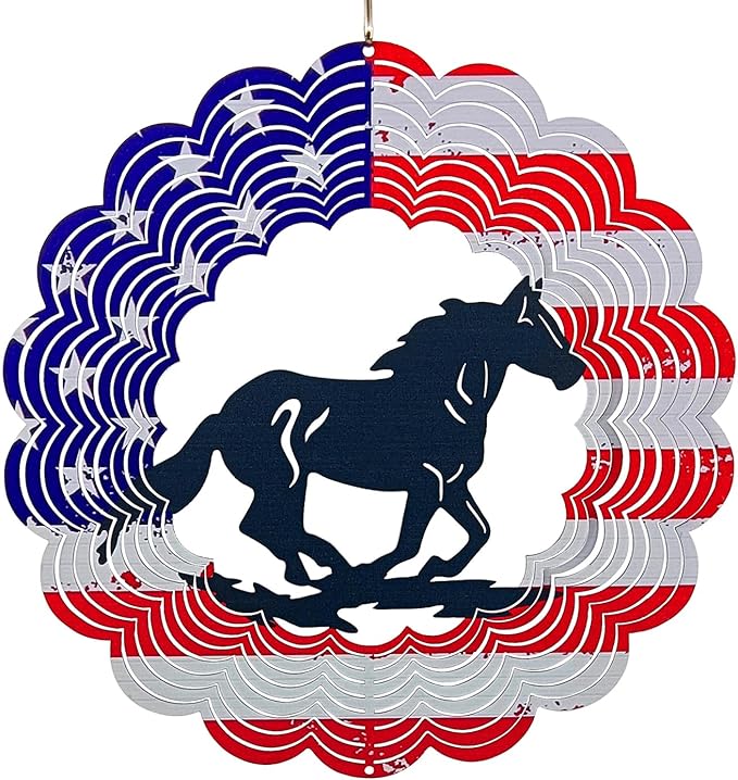 3D Patriotic Horse Wind Spinner Decor - 12 Inch Metal Garden Art, Rust-Proof Outdoor Hanging Decorations, Patriotic American Flag Design, for Horse Lovers(Horse)