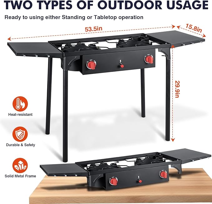 Llamaviva 2 Burner Gas Stove, Propane Outdoor Stove with Side Shelves, Auto Ignition Button, Removable Legs&Regulator, 150,000 BTU, Propane Burners for Outdoor Cooking, Camping&BBQ Cookouts