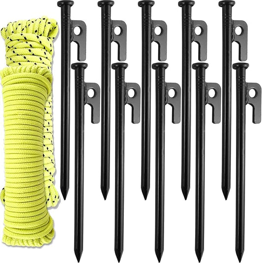 Wellmax 10PC Heavy Duty Tent Stakes with 2PC Glow in Dark Rope 3/16" x50ft and 1/4" x50ft (Black)