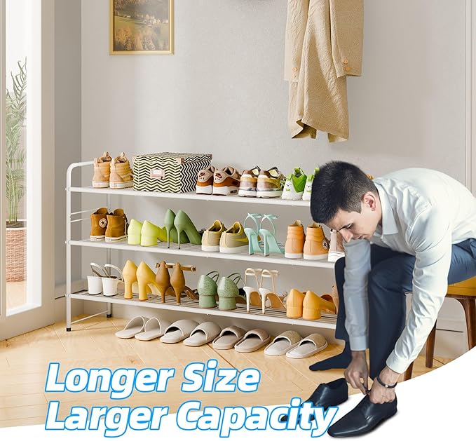 3 Tier Shoe Rack for Closet, 46.5 Inch Extra Long Shoe Storage Organizer for Shelves, Heavy Duty Metal, Easy Assembly, White