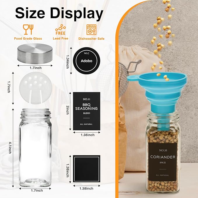 24 Pcs Glass Spice Jars with Label, 4oz Spice Jars with Lids, Seasoning containers Set, Comes with spice bottle caps, Silicone Collapsible Funnel,chalk, for Spice Rack, Cabinet, Drawer