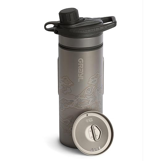 GRAYL GeoPress Titanium 24 oz Water Purifier Bottle with Cooking Lid - Filter for Hiking, Camping, Survival, Travel (Covert Black)