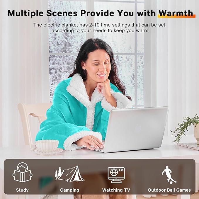 greenoak Wearable Heated Throw Blanket Electric Snuggle - Heated Robe with Foot Pocket for Adult, Winter Gifts for Mom Women 5-Position Timer 10-Heating Levels,50 * 70",Turquoise
