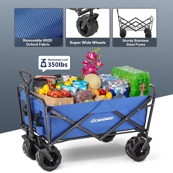 EchoSmile Heavy Duty 350 Lbs Capacity Collapsible Wagon, Outdoor Folding Camping Wagons, Grocery Portable Utility Cart, Adjustable Rolling Carts, All Terrain Sports Wagon with Big Wheels by Boahaus
