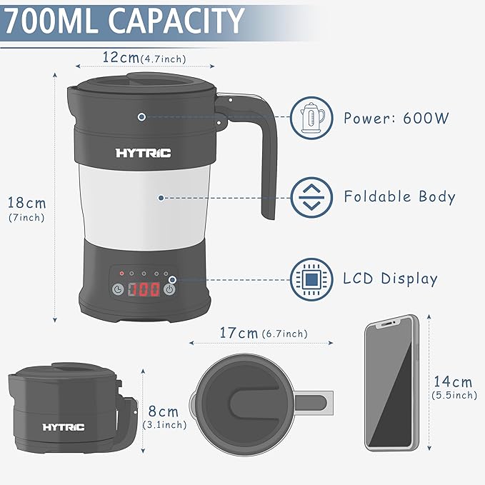 HYTRIC Travel Electric Kettle, 700ML Foldable Small Electric Kettle BPA-Free, Portable Kettle with Multifunctional Panel, Collapsible Hot Water Kettle with Keep Warm & Delay Start, 110V Black