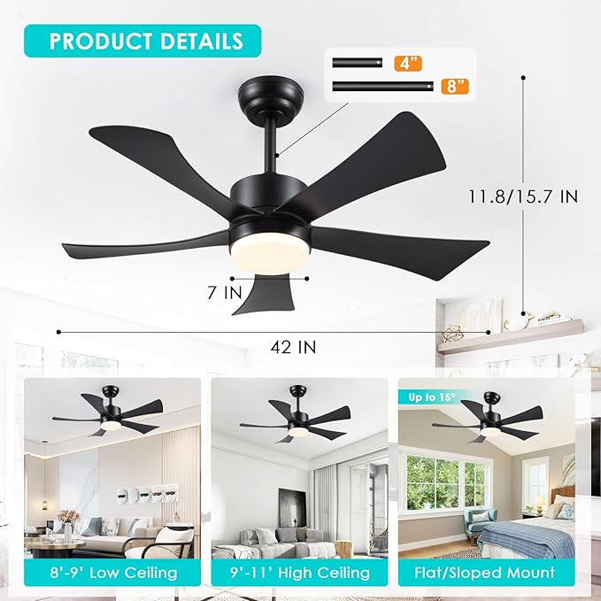 42 inch Ceiling Fans with Lights, Modern Black Ceiling Fan with Remote Control App, DC Motor Quiet, 3CCT Dimmable Memory, Led Sloped Flat Ceiling Fan with Light for Bedroom Indoor&Outdoor Patio