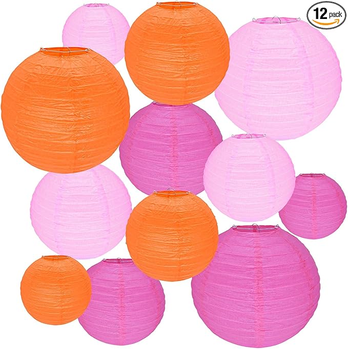 12Pcs Round Paper Lanterns Assorted Sizes (6" 8" 10" 12") for Home Decor, Restaurant, Church, Wedding, Birthday Party Decorations, Hanging Chinese Japanese Paper Lantern Lamps (3 Colors)