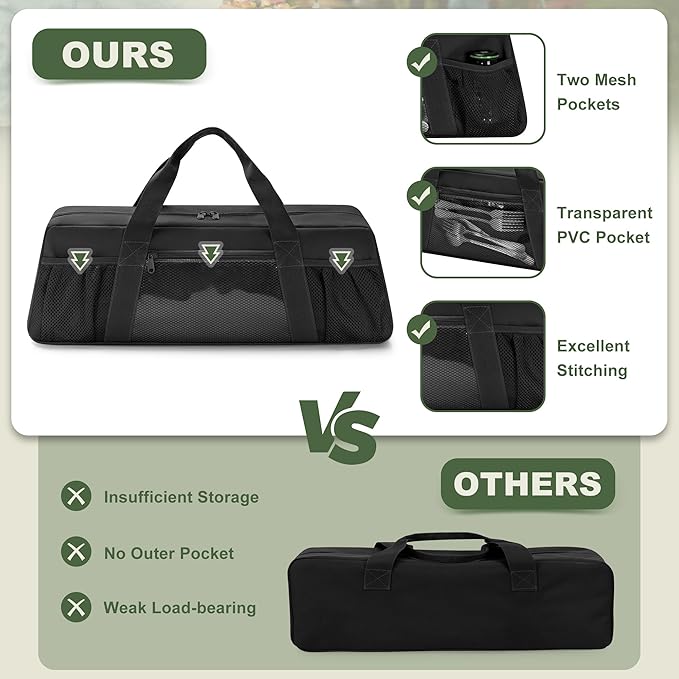 Grill Tool Storage Bag, Outdoor BBQ Utensil Holder for Barbecue Tool up to 20", Large Grill Utensil Storage Caddy with Pockets, BBQ Accessories Case Container for Camping, Bag Only, Black