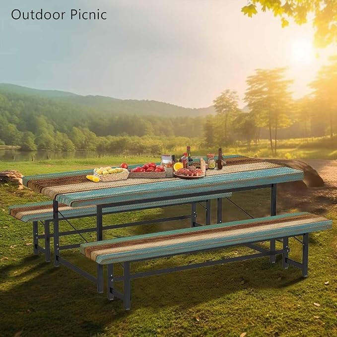 CAPSCEOLL Picnic Table Cover with Bench Covers 8Ft Waterproof Camping Tablecloth All-Weather Outdoor Table Protector with Drawstring Bag for Camping Essentials, 96X30In, Blue Brown Wood