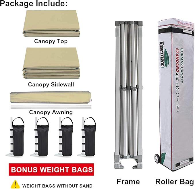 Eurmax USA 10 x 10 Pop up Canopy Commercial Tent Outdoor Party Canopies with 4 Removable Zippered Sidewalls and Roller Bag Bonus 4 Canopy Sand Bags & 24 Squre Ft Extended Awning (Beige)
