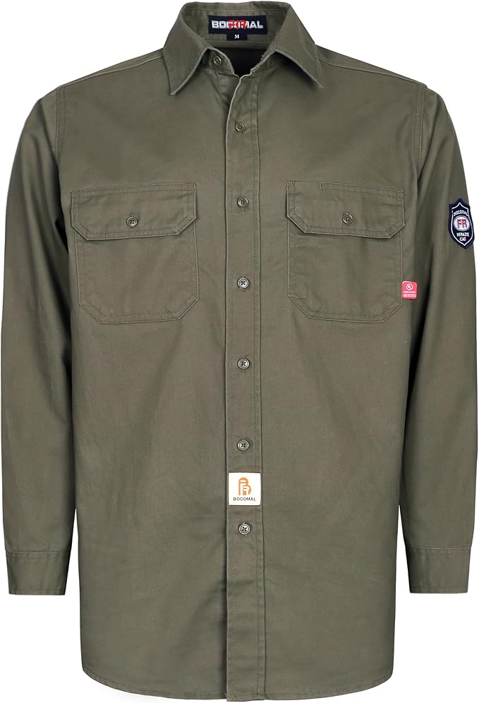 BOCOMAL FR Shirts Flame Resistant 100% C NFPA2112 7.5oz Men's Fire Retardant Welding Shirt