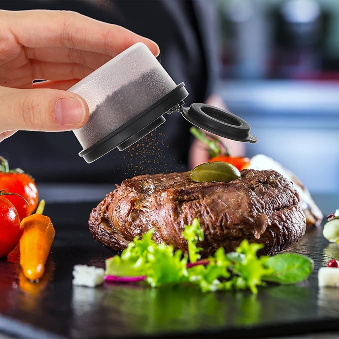 4 Pcs Salt and Pepper Shakers Set Mini Plastic Pepper Shaker with Lid Damp Proof Popcorn Containers Clear Spice Jars Salt Shaker for Travel Camping Picnic Lunch Dining Kitchen (Black, Small)